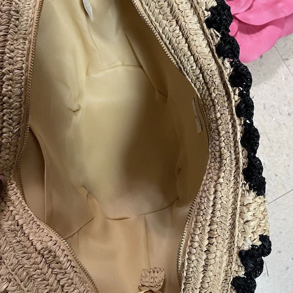 KATE SPADE x TARGET Raffia Bow Tote‎ Bag Woven Natural Black Boho Romantic Vacay